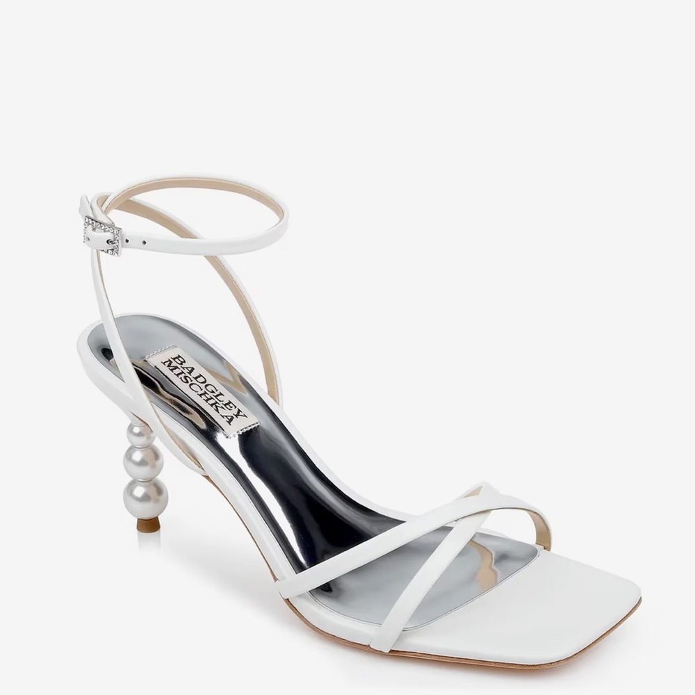 Badgley Mischka Callie White Leather Sandals with Pearl Heels & Crystal Buckles